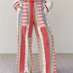 Oli & Hali- Eclectic Striped Patchwork Wide Leg Pants. Red and Pink
Size M
